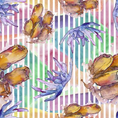 Renkli su sualtı doğa mercan resifi. Suluboya illüstrasyon seti. Kesintisiz arka plan deseni.