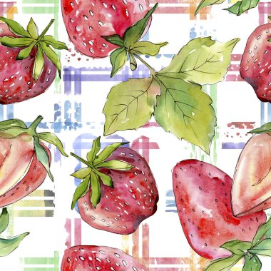 Çilek sağlıklı gıda taze meyve. Suluboya arka plan illüstrasyon seti. Kesintisiz arka plan deseni.