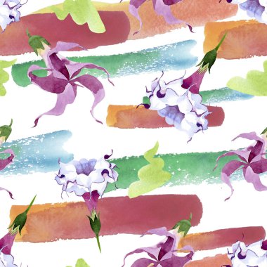 Brugmansia çiçek botanik çiçekleri. Suluboya arka plan illüstrasyon seti. Kesintisiz arka plan deseni.