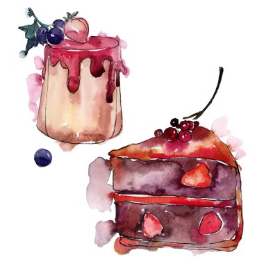 Lezzetli pasta ve çörek suluboya tarzında. Arka plan illüstrasyon ayarlayın. Suluboya çizim moda aquarelle izole.