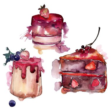 Lezzetli pasta ve çörek suluboya tarzında. Arka plan illüstrasyon ayarlayın. Suluboya çizim moda aquarelle izole.