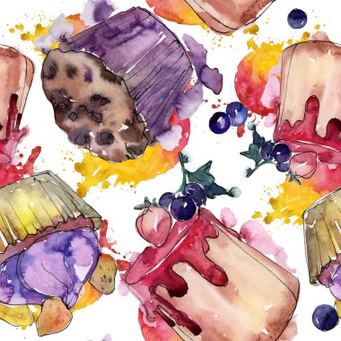 Lezzetli pasta ve çörek suluboya tarzında. Suluboya resim ayarlayın. Sorunsuz arka plan deseni.