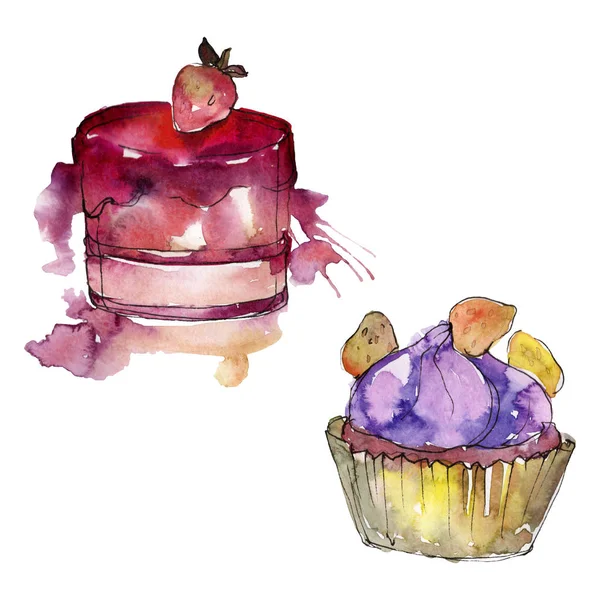 Tasty cake and bun in a watercolor style. Background illustration set. Watercolour drawing fashion aquarelle isolated. — Stock Photo, Image