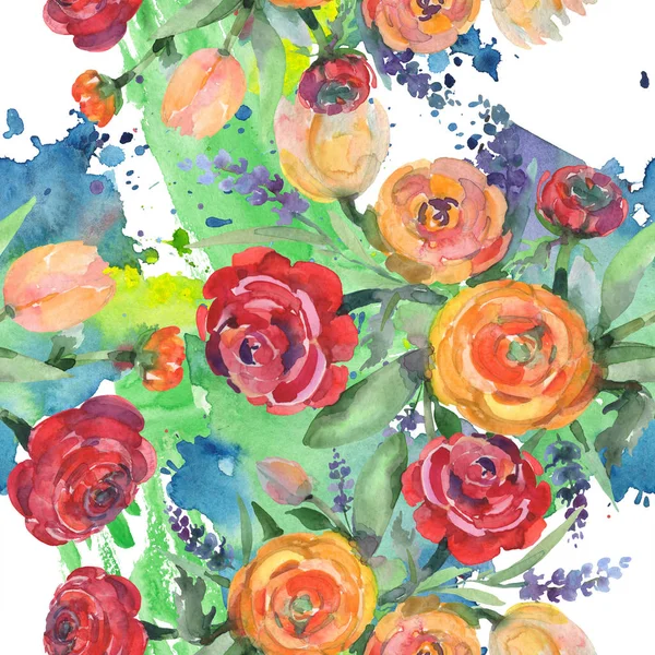Bukett blommor botaniska blommor. Akvarell bakgrund illustration set. Sömlös bakgrundsmönster. — Stockfoto