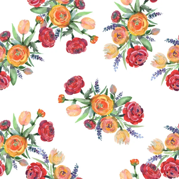 Bouquet floral botanical flowers. Watercolor background illustration set. Seamless background pattern. — Stock Photo, Image