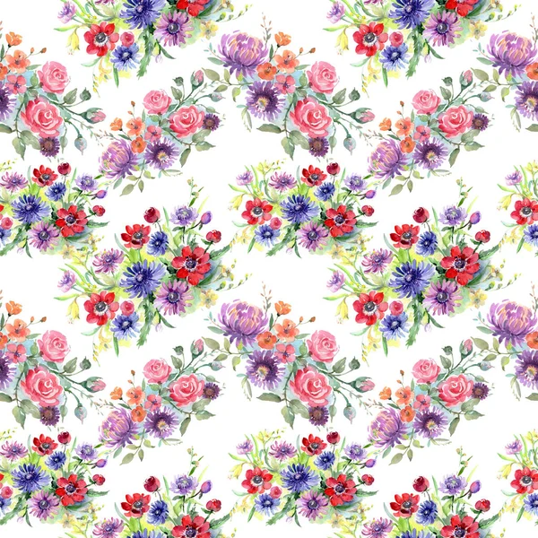 Buket çiçek botanik çiçekler. Suluboya arka plan illüstrasyon küme. Sorunsuz arka plan deseni.