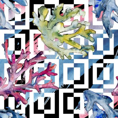 Renkli su sualtı doğa mercan kayalığı. Suluboya arka plan illüstrasyon küme. Sorunsuz arka plan deseni.