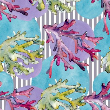 Renkli su sualtı doğa mercan kayalığı. Suluboya arka plan illüstrasyon küme. Sorunsuz arka plan deseni.