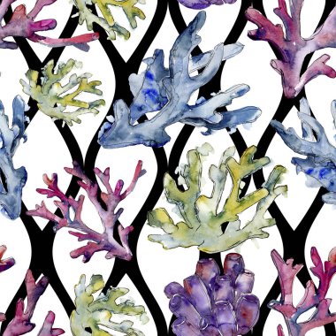 Renkli su sualtı doğa mercan kayalığı. Suluboya arka plan illüstrasyon küme. Sorunsuz arka plan deseni.