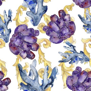 Renkli su sualtı doğa mercan kayalığı. Suluboya arka plan illüstrasyon küme. Sorunsuz arka plan deseni.