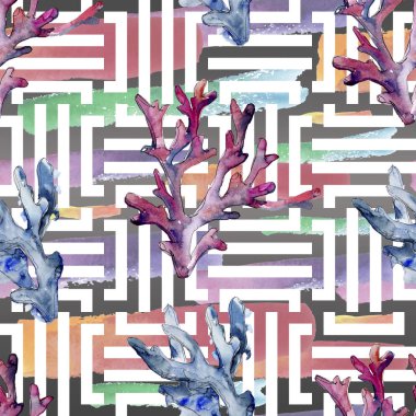 Renkli su sualtı doğa mercan kayalığı. Suluboya arka plan illüstrasyon küme. Sorunsuz arka plan deseni.