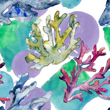 Renkli su sualtı doğa mercan kayalığı. Suluboya arka plan illüstrasyon küme. Sorunsuz arka plan deseni.