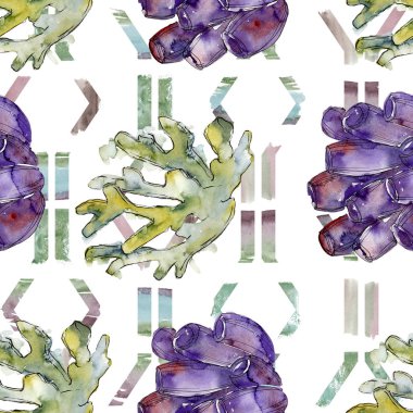 Renkli su sualtı doğa mercan kayalığı. Suluboya arka plan illüstrasyon küme. Sorunsuz arka plan deseni.