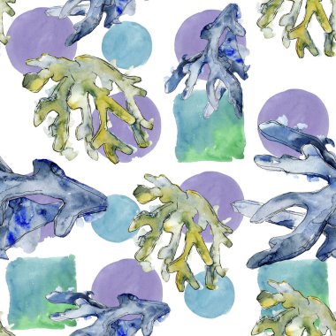 Renkli su sualtı doğa mercan kayalığı. Suluboya arka plan illüstrasyon küme. Sorunsuz arka plan deseni.