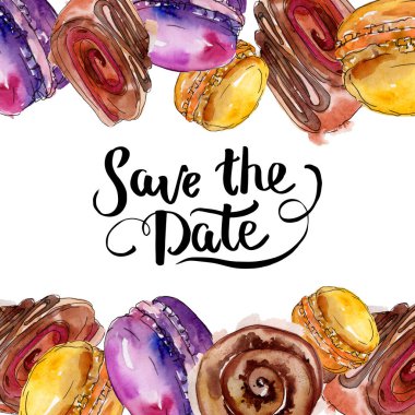 Suluboya tarzı gıda lezzetli kek ve tatlı. Suluboya backgriund seti. Çerçeve kenarlık süs karesi.