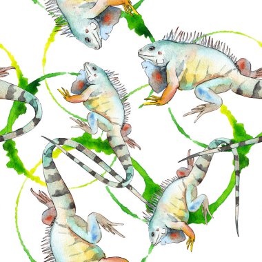 Egzotik iguana vahşi hayvan. Suluboya arka plan illüstrasyon seti. Kesintisiz arka plan deseni.