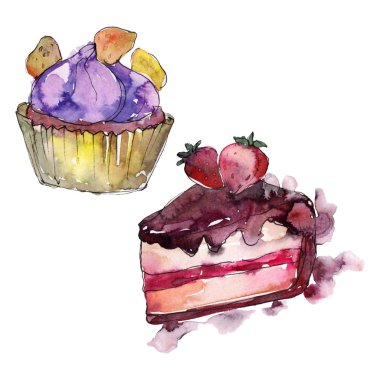 Lezzetli pasta ve çörek suluboya tarzında. Arka plan illüstrasyon ayarlayın. Suluboya çizim moda aquarelle izole.