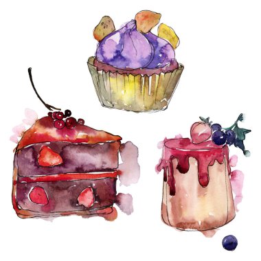 Lezzetli pasta ve çörek suluboya tarzında. Arka plan illüstrasyon ayarlayın. Suluboya çizim moda aquarelle izole.