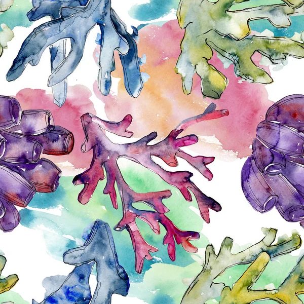 Renkli su sualtı doğa mercan kayalığı. Suluboya arka plan illüstrasyon küme. Sorunsuz arka plan deseni.