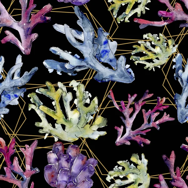 Renkli su sualtı doğa mercan kayalığı. Suluboya arka plan illüstrasyon küme. Sorunsuz arka plan deseni.