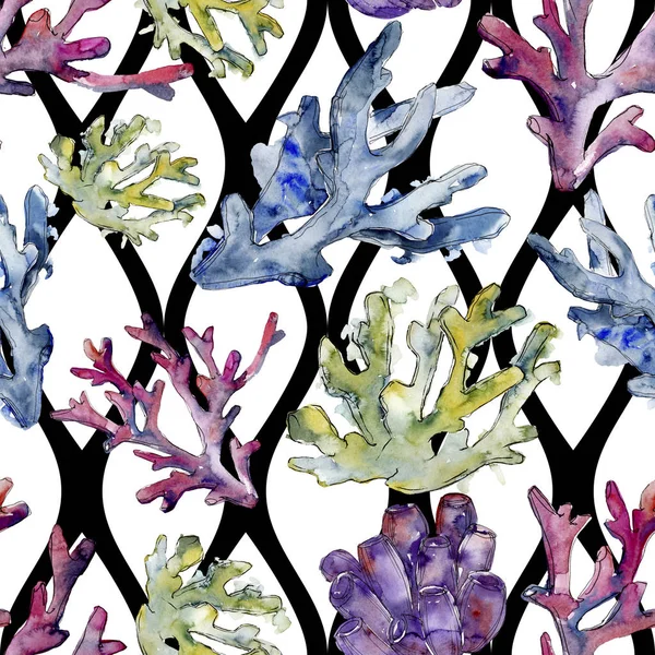 Renkli su sualtı doğa mercan kayalığı. Suluboya arka plan illüstrasyon küme. Sorunsuz arka plan deseni.