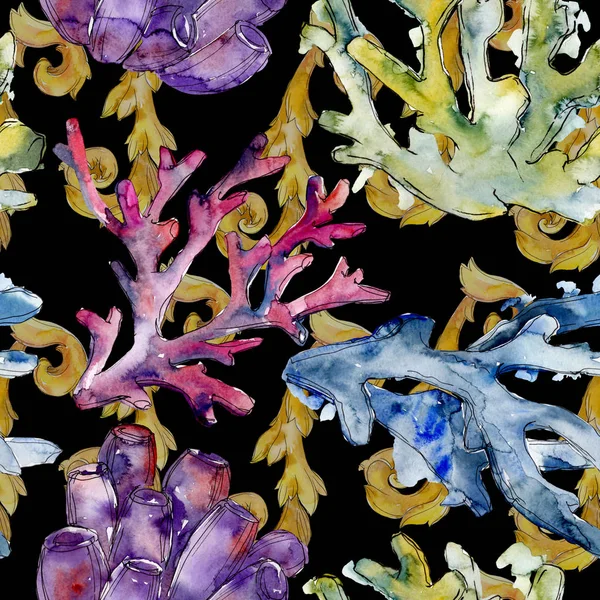 Renkli su sualtı doğa mercan kayalığı. Suluboya arka plan illüstrasyon küme. Sorunsuz arka plan deseni.