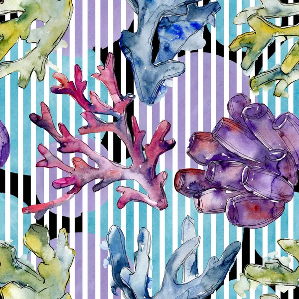 Renkli su sualtı doğa mercan kayalığı. Suluboya arka plan illüstrasyon küme. Sorunsuz arka plan deseni.