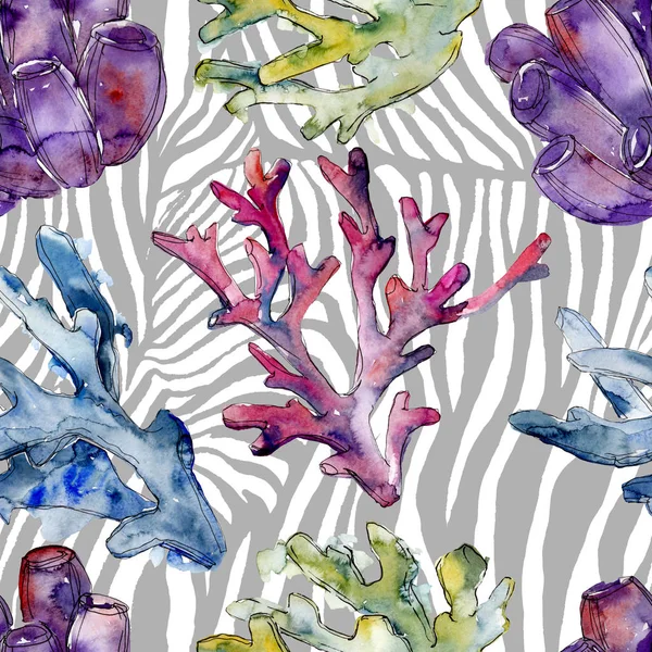 Renkli su sualtı doğa mercan kayalığı. Suluboya arka plan illüstrasyon küme. Sorunsuz arka plan deseni.