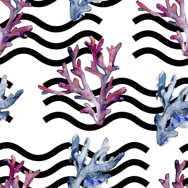 Renkli su sualtı doğa mercan kayalığı. Suluboya arka plan illüstrasyon küme. Sorunsuz arka plan deseni.