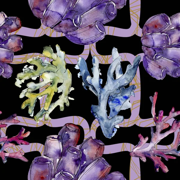 Renkli su sualtı doğa mercan kayalığı. Suluboya arka plan illüstrasyon küme. Sorunsuz arka plan deseni.