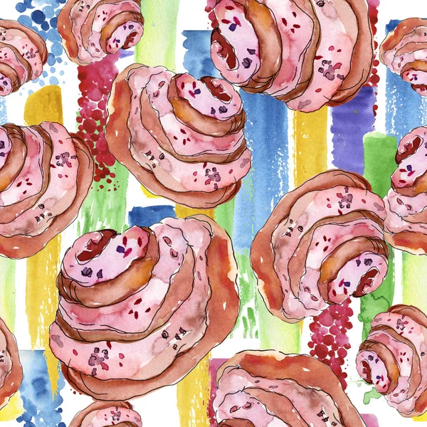 Välsmakande tårta och desserter i akvarell stil. Akvarell illustration. Sömlöst bakgrundsmönster. — Stockfoto