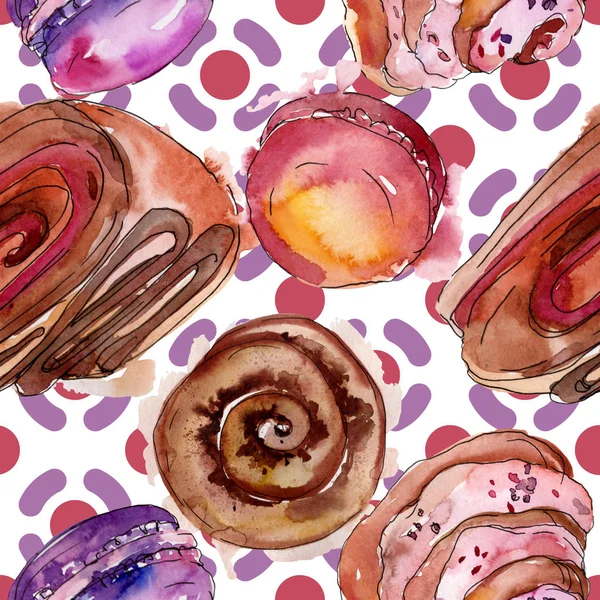 Tasty cake and desserts in a watercolor style. Watercolour illustration set. Seamless background pattern. — Stock Photo, Image