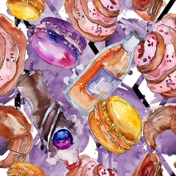 Tasty cake and desserts in a watercolor style. Watercolour illustration set. Seamless background pattern. — Stock Photo, Image