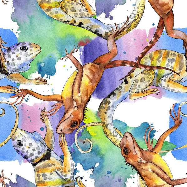 异国情调的蜥蜴野生动物。水彩背景插图集。无缝背景模式. — 图库照片