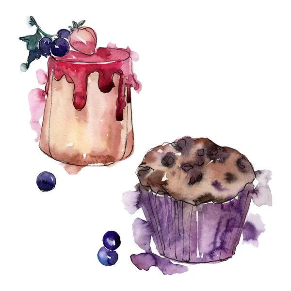 Tasty cake and bun in a watercolor style. Background illustration set. Watercolour drawing fashion aquarelle isolated. — Stock Photo, Image