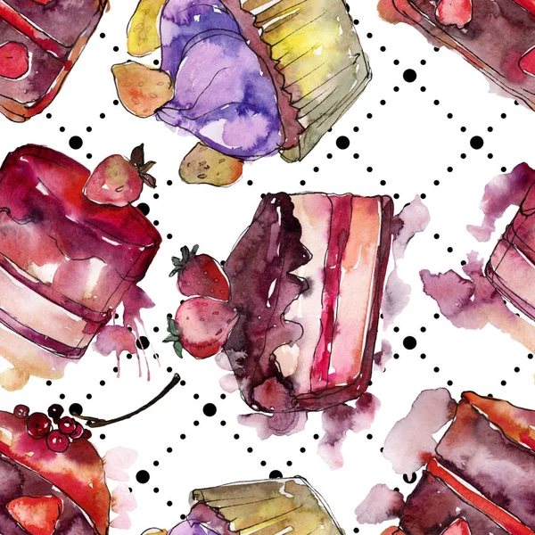 Tasty cake and bun in a watercolor style. Watercolour illustration set. Seamless background pattern. — Stock Photo, Image