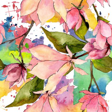 Pembe manolya çiçek botanik çiçekler. Suluboya arka plan illüstrasyon seti. Kesintisiz arka plan deseni.