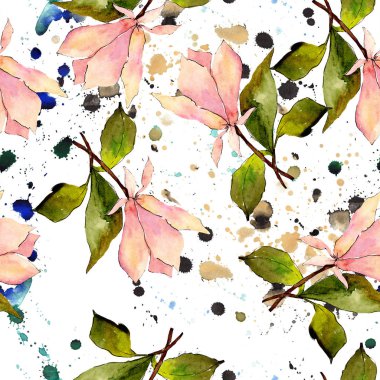 Pembe manolya çiçek botanik çiçekler. Suluboya arka plan illüstrasyon seti. Kesintisiz arka plan deseni.