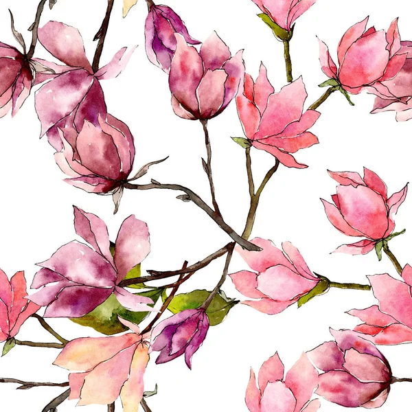 Fiori botanici floreali di magnolia rosa. Acquerello sfondo illustrazione set. Modello di sfondo senza soluzione di continuità . — Foto Stock