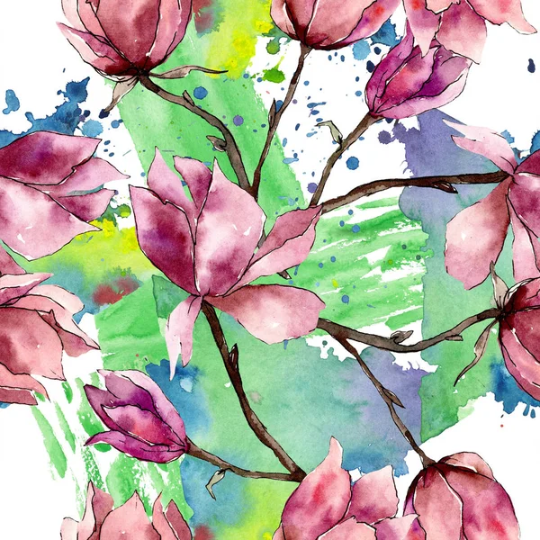 Rosafarbene Magnolie mit botanischen Blüten. Aquarell Hintergrundillustration Set. nahtloses Hintergrundmuster. — Stockfoto