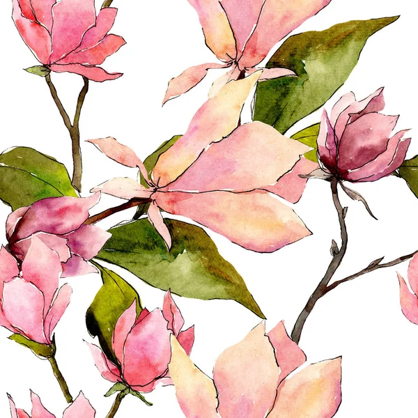 Różowy Magnolia kwiatowy kwiatów botanicznych. Akwarela zestaw ilustracji tła. Płynny wzór tła. — Zdjęcie stockowe