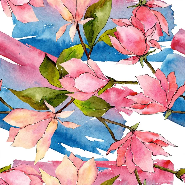 Рожеві магнолії квіткові ботанічні квіти. Набір ілюстрацій для акварельного фону. Безшовний візерунок тла . — стокове фото
