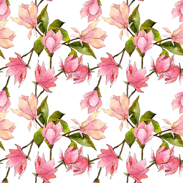 Fiori botanici floreali di magnolia rosa. Acquerello sfondo illustrazione set. Modello di sfondo senza soluzione di continuità . — Foto Stock