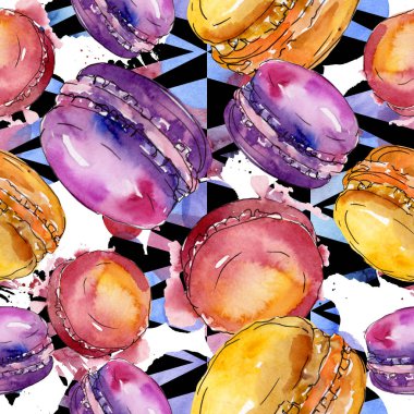 Suluboya tarzında lezzetli kek ve tatlılar. Suluboya illüstrasyon seti. Kesintisiz arka plan deseni.