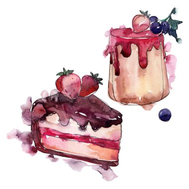 Lezzetli pasta ve çörek suluboya tarzında. Arka plan illüstrasyon ayarlayın. Suluboya çizim moda aquarelle izole.