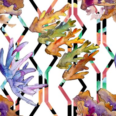 Renkli su sualtı doğa mercan resifi. Suluboya illüstrasyon seti. Kesintisiz arka plan deseni.