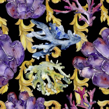 Renkli su sualtı doğa mercan kayalığı. Suluboya arka plan illüstrasyon küme. Sorunsuz arka plan deseni.