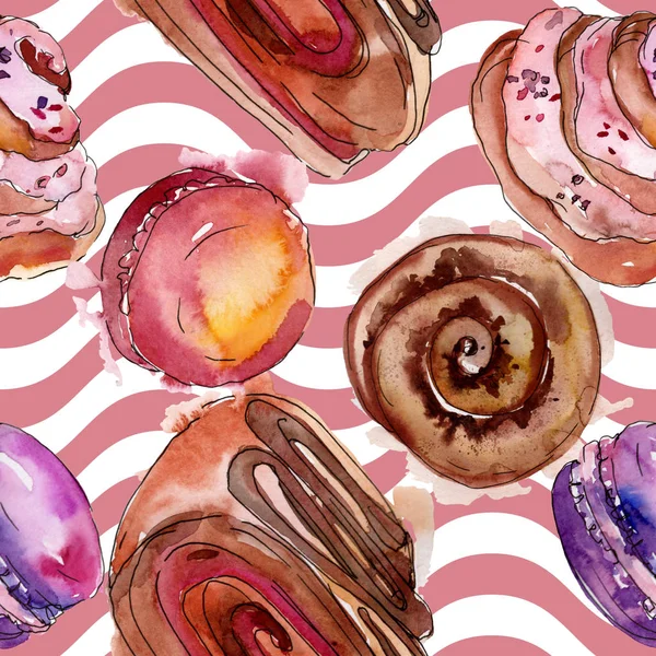 Tasty cake and desserts in a watercolor style. Watercolour illustration set. Seamless background pattern. — Stock Photo, Image