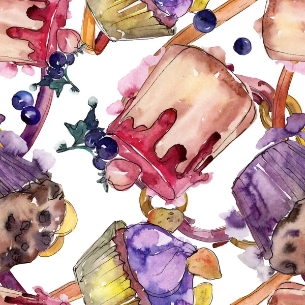 Gâteau et pain savoureux dans un style aquarelle. Set d'illustration aquarelle. Modèle de fond sans couture . — Photo