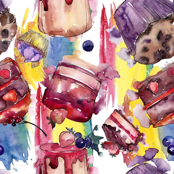 Tasty cake and bun in a watercolor style. Watercolour illustration set. Seamless background pattern. — Stock Photo, Image